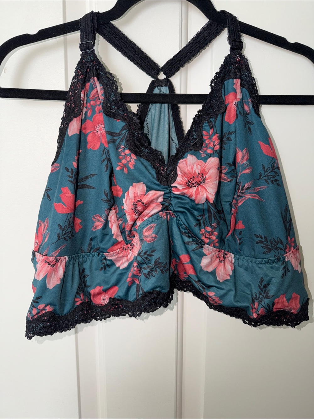 Floral Lace-Trim Bandeau Cami in Teal with Pink Flowers